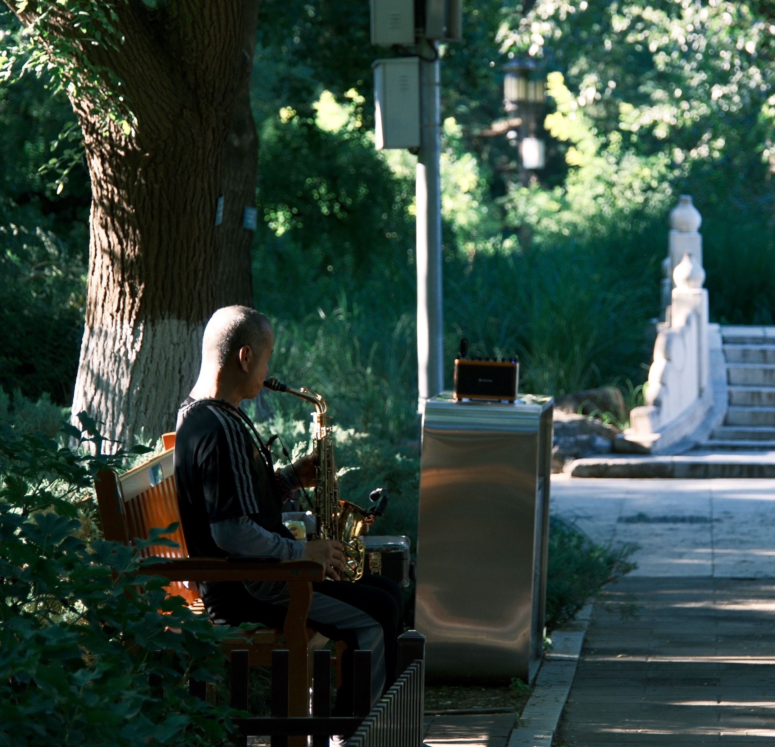 A photo of an old man playing the saxophone at dusk in Temple of Earth